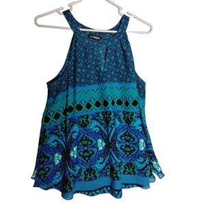 Express  Mixed Print Sleeveless Blue Halter Top  Extra Small XS Flowy Keyhole